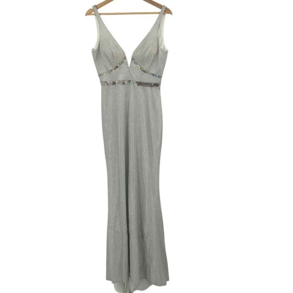 Basix Black Label Women Open Back V-neck Beaded Gown Silver 6